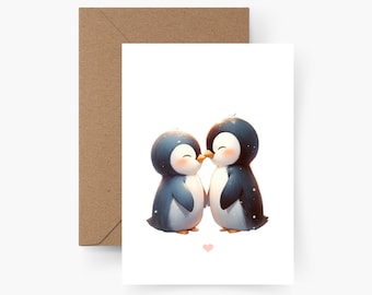 Valentine's Day card, penguins, A6, watercolor, textured paper, Forever us, Love, Valentine's Day greeting, postcard, cute card, Valentine's Day card