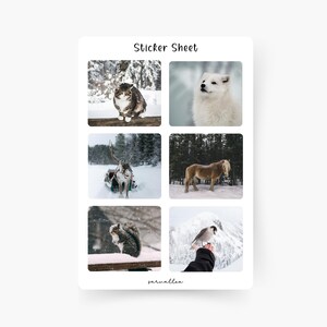 Feuille d’autocollants d’animaux d’hiver, hivernal, confortable, neige, Noël, chat, renard, renne, cheval, écureuil, oiseau