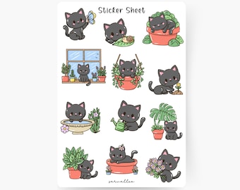 May include: A sticker sheet with 10 black cat illustrations. The cats are in various poses, including sitting, playing, and gardening. The sticker sheet has a white background with the text "Sticker Sheet" at the top.