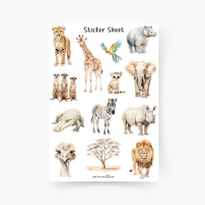 Hoja de pegatinas de animales de Safari, zoológico, jirafa, león, hipopótamo, guepardo, cocodrilo, cebra, elefante, loro