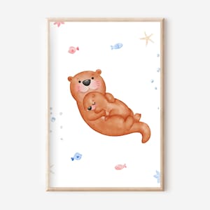 Lindo cartel de nutria mamá y bebé A4, conjunto de carteles, imagen de pared de nutria, cartel de nutria, cartel de animales, mural de animales
