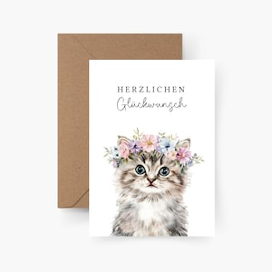 Geburtstagskarte Herzlichen Glückwunsch Katze A6, Aquarell, Strukturpapier, Happy Birthday, Runder Geburtstag, Geburtstagsgruß, Postkarte