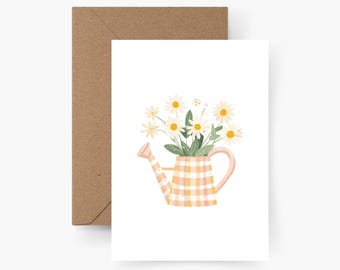 Carte arrosoir fleurs A6, carte fleur, carte postale printemps aquarelle, carte de voeux printemps, saison printemps, sentiments printemps, amour printemps