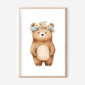 Póster de oso con corona de flores A4, conjunto de pósteres, póster de animales de granja, cuadro de pared de granja, póster de animales, cuadro de pared de animales, granja, animales del bosque