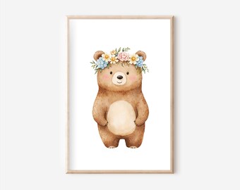 花輪をつけたクマのポスター A4、ポスターセット、農場の動物のポスター、農場の壁画、動物のポスター、動物の壁画、農場、森の動物