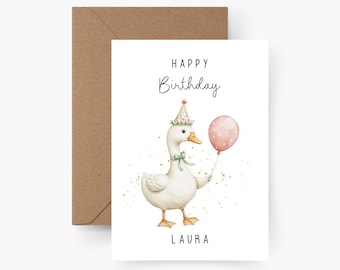 Personalized goose birthday card with name, A6 size, Happy Birthday, children's birthday