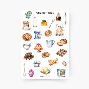 Folha de adesivos para cozimento, cozinha, pastelaria, receita, livro de receitas, culinária, bolo, comida, bebida, torta, biscoitos, fada do cozimento, muffins, cobertura de bolo