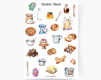 Backen Sticker Sheet, Küche, Gebäck, Rezept, Kochbuch, Journal Sticker, Kuchen, Essen, Trinken, Sticker Set, Journal Sticker