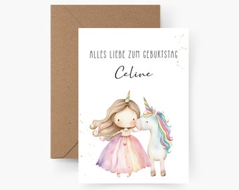 Birthday card unicorn & girl personalized with name A6, birthday card child, Happy Birthday, children's birthday