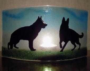 Beautiful Glass Fused "GERMAN SHEPHERD" Curved Freestanding Tea Light/Candle Shade - Beautiful Gift For German Shepherd/Alsatian Owners!!