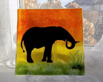 New Beautiful "ELEPHANT" Fused Glass Suncatcher Panel - Lovely Gift For A Birthday, Christmas or Just Because You Can!  With Free Gift Box.