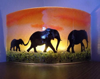 Beautiful Glass Fused Curved Tea Light/Candle Shade - Elephant Scene at Sunset