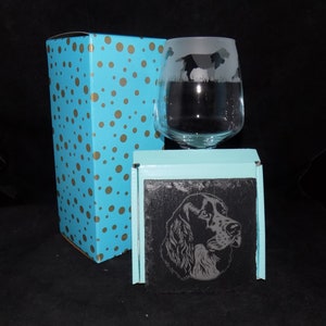 Hand etched "SPRINGER SPANIEL" wine glass & laser etched slate coaster set - Perfect present as a Springer owners gift - With Gift boxes.