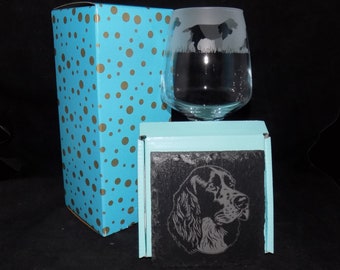 Hand etched "SPRINGER SPANIEL" wine glass & laser etched slate coaster set - Perfect present as a Springer owners gift - With Gift boxes.