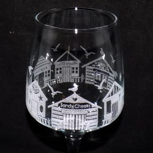 Engraved 'BEACH HUTS' Wine Glass With Gift Box - Beautiful and distinctive gift for those that love their beach hut! Beach hut gift.
