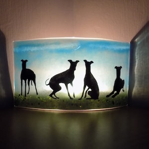 Beautiful Glass Fused &quot;GREYHOUND&quot; Curved Tea Light/Candle Shade - Beautiful & Unique Gift For Greyhound Owner Or Fabulous Home Decoration!