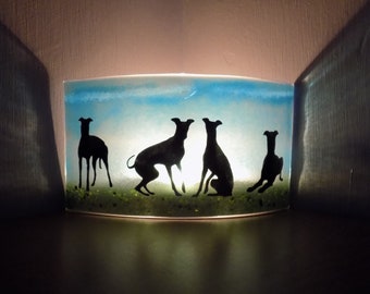 Beautiful Glass Fused "GREYHOUND" Curved Tea Light/Candle Shade - Beautiful & Unique Gift For Greyhound Owner Or Fabulous Home Decoration!