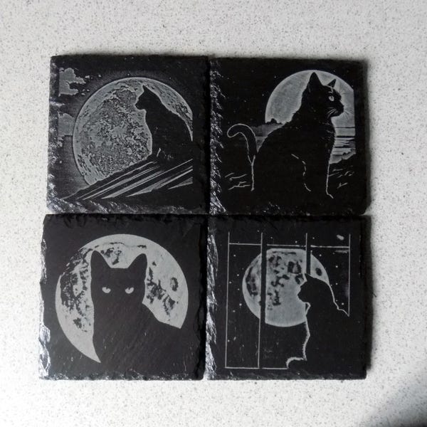 Welsh Slate 'CAT & MOON' Drinks Coaster and Gift Box - Perfect gift for all cat owners and fans - Lovely gift for all occasions!