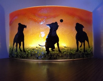 Beautiful Glass Fused "STAFFORDSHIRE BULL TERRIER" Curved Freestanding Tea Light/Candle Shade - Beautiful Gift For Bull Terrier Owners!!