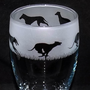 Hand etched 'GREYHOUND' tulip shaped pint glass with gift box - Unique & personal gift for Greyhound owners! Greyhound gift.