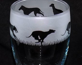 Hand etched 'GREYHOUND' tulip shaped pint glass with gift box - Unique & personal gift for Greyhound owners! Greyhound gift.