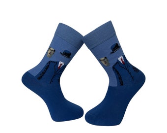 Businessman Men's Crew Socks | Suit Themed Casual Socks | Blue Novelty Cotton Crew Socks