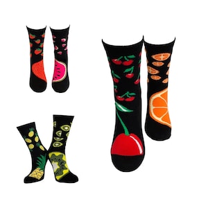 Fruits Mismatched Odd Socks | Orange Cherry Kiwi Pineapple Strawberry Watermelon Patterned | Novelty Funky Colorful Funny Socks