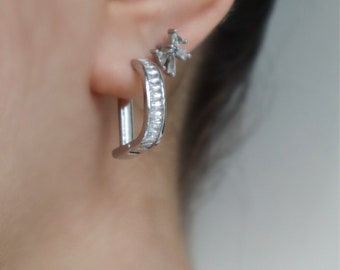 Créoles en argent avec zircone cubique, Créoles baguette en forme de D, Bijoux en acier inoxydable étanches