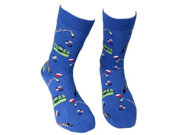 Fishing Rod Novelty Men's Socks | Anglers Themed Cotton Crew Socks | Gift for Fisherman