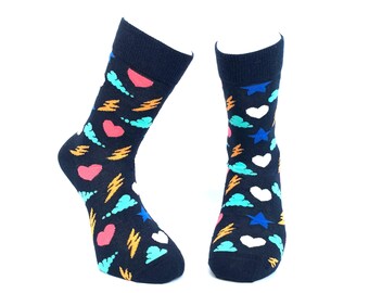 Hearts Men's Crew Socks | Stars Fun Socks | Funky Funny Cotton Socks