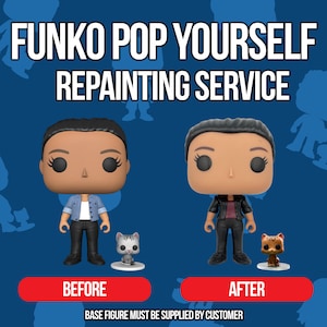 Könnte beinhalten: Werbebild für einen Funko Pop Yourself Repaint-Service. Das Bild zeigt einen Vorher-Nachher-Vergleich einer Funko Pop-Figur, mit den Wörtern "VORHER" und "NACHHER" für jede Figur. Der Text "GRUNDFIGUR MUSS VOM KUNDEN GESTELLT WERDEN" ist ebenfalls vorhanden.