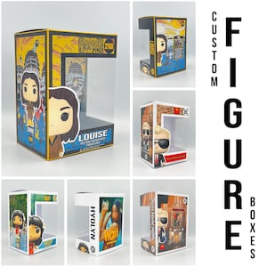 May include: A selection of custom figure boxes, each with unique designs. One box displays a character named Louise with a blue and yellow backdrop. Other boxes feature different characters and themes, with the text "CUSTOM FIGURE BOXES" visible.