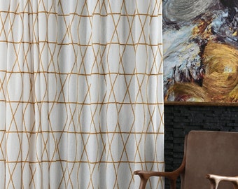 Sheer Curtain, Custom Embroidered Geometric Pattern Panel -Mustard Yellow