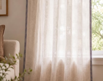 Stylish Extra Wide Linen Sheer Curtains with Striped Trim, Blue Green Brown Border Boho Drapes, Custom Size Rod Pocket Grommet Track Panels