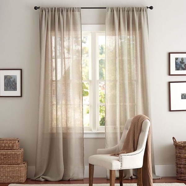 Linen Sheer Curtains, 23 Color Options. Custom Made Rod Pocket, Grommet, Hook and Ring Options for Rod and Curtain Track