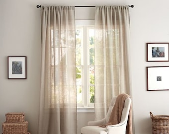 Linen Sheer Curtains, Custom Made Rod Pocket, Grommet, Hook and Ring Options for Rod and Curtain Track