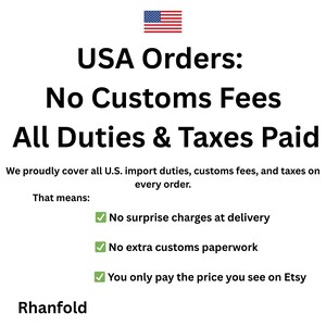 May include: Image with the text "USA Orders: No Customs Fees, All Duties & Taxes Paid" and a small American flag. The text explains that all U.S. import duties, customs fees, and taxes are covered.
