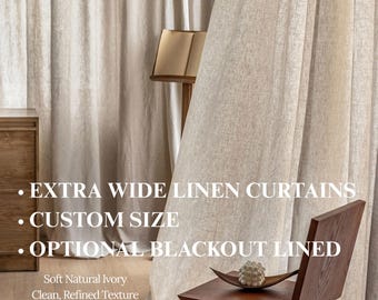 Heavy Linen Curtains, Extra Wide Custom Drapes for Living Room & Bedroom, Rod or Track, Custom Size, Optional Blackout Lining, One Panel