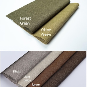 May include: Two sets of fabric swatches with a textured weave. The top set features Forest Green and Olive Green. The bottom set displays Khaki, Light Beige, Brown, and Dark Brown. Each swatch has pinked edges and is labeled with its color name.