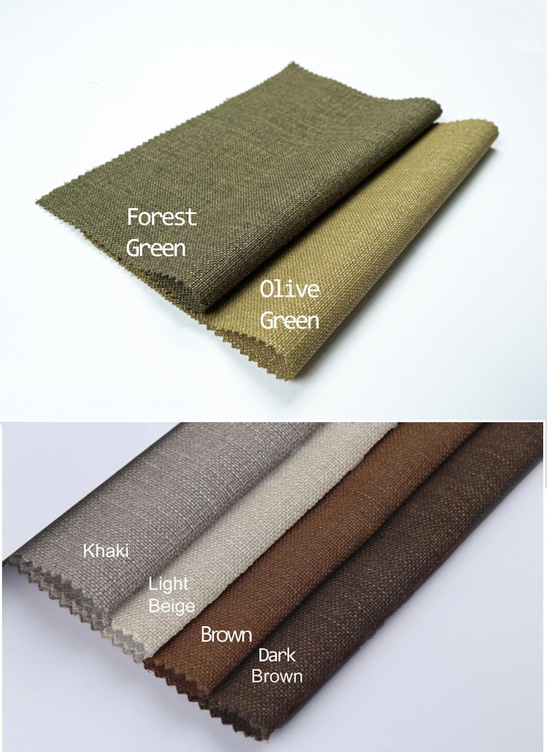 May include: Two sets of fabric swatches with a textured weave. The top set features Forest Green and Olive Green. The bottom set displays Khaki, Light Beige, Brown, and Dark Brown. Each swatch has pinked edges and is labeled with its color name.