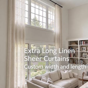 May include: Extra long sheer linen curtains in a light cream colour hanging from a black metal rod over a large multi-pane window. The text "Extra Long Linen Sheer Curtains Custom width and length" is overlaid on the image of the window treatment.