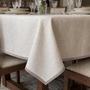 Trimmed Linen Tablecloth Rectangle - Custom Size Linen Table Cover with Trim, Wrinkle Free Soft Thick Dining Room Table Cloth, Kitchen Decor