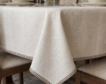 Trimmed Linen Tablecloth Rectangle - Custom Size Linen Table Cover with Trim, Wrinkle Free Soft Thick Dining Room Table Cloth, Kitchen Decor