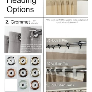 May include: A visual guide titled Heading Options displaying five curtain styles: rod pocket, grommet with 1.5 inch diameter, hook and ring, back tab, and curtain track. Includes a grid of twelve numbered grommet color choices for selection.