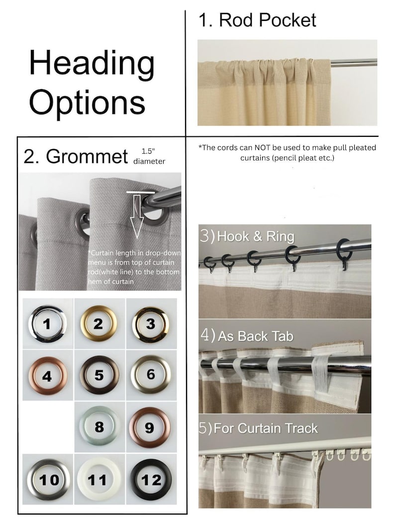 May include: A visual guide titled Heading Options displaying five curtain styles: rod pocket, grommet with 1.5 inch diameter, hook and ring, back tab, and curtain track. Includes a grid of twelve numbered grommet color choices for selection.