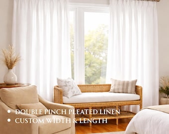 Double Pinch Pleat Linen Curtains, Custom Size Drapery Panels for Living Room & Bedroom, Ceiling Track or Rod Compatible