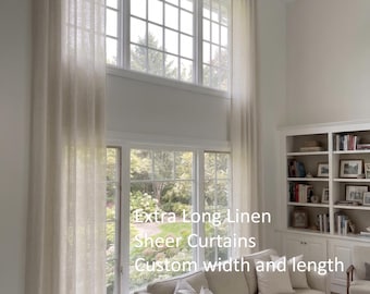Extra Long Linen Sheer Curtains – Custom Size Panels for Two Story Window & High Ceiling – Light Filtering, Price for One Panel