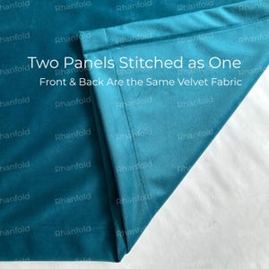 May include: Close-up of two teal velvet fabric panels stitched together. The front and back of the fabric are the same. Text on the image reads: "Two Panels Stitched as One. Front & Back Are the Same Velvet Fabric."
