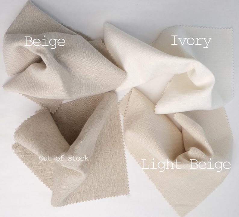 May include: Four fabric swatches in different shades of beige and ivory. The swatches are labelled "Beige", "Ivory", "Light Beige", and "Out of stock".