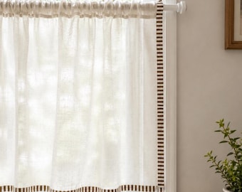 Boho Linen Cafe Curtains with Striped Trim,  French Country Kitchen Cafe Curtains, Custom Size Sheer Tier Curtains for Bathroom Small Window